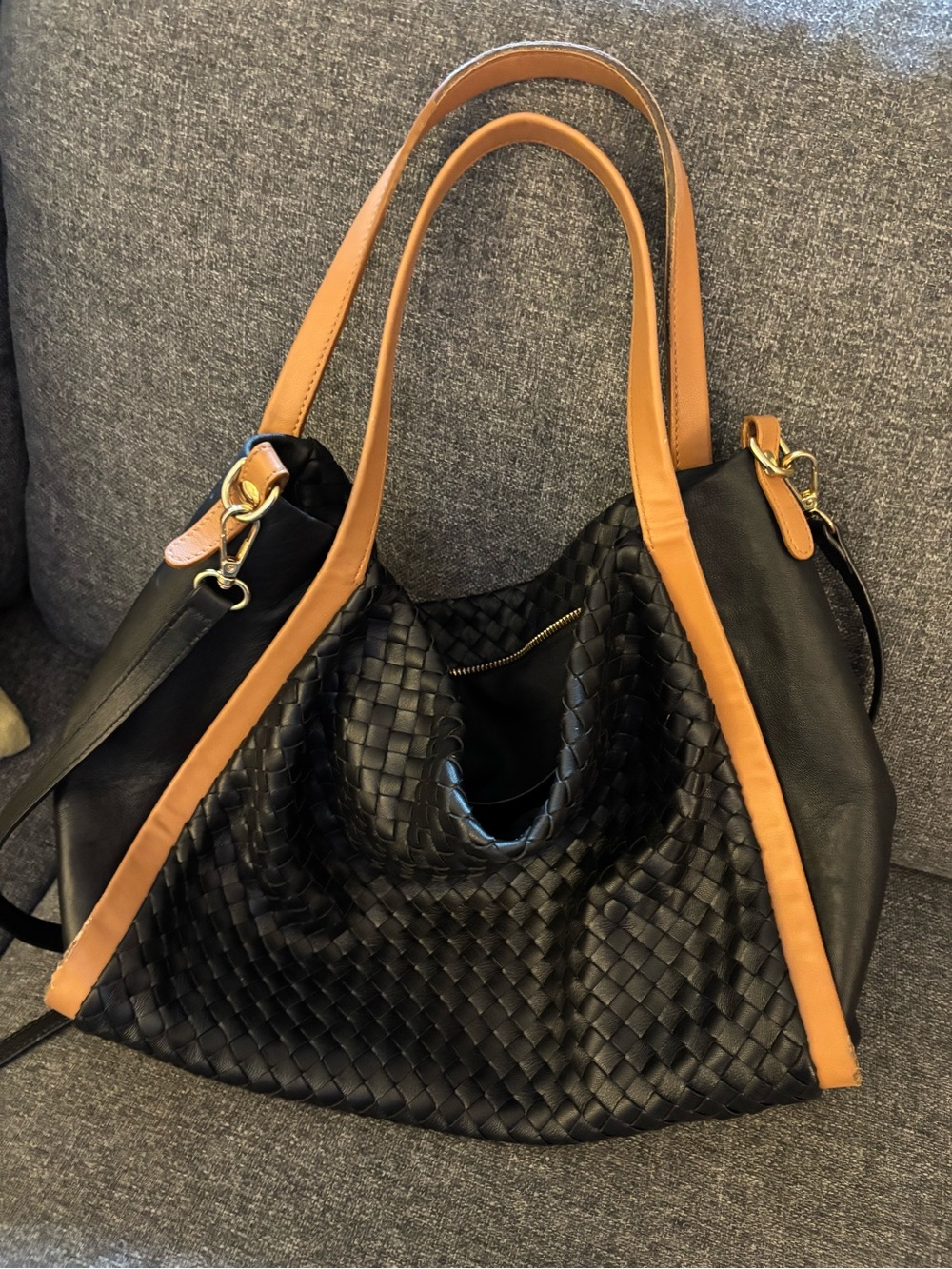 Giorgia Milano Black Woven Shoulder Bag with Tan Trim - Women's Handbag